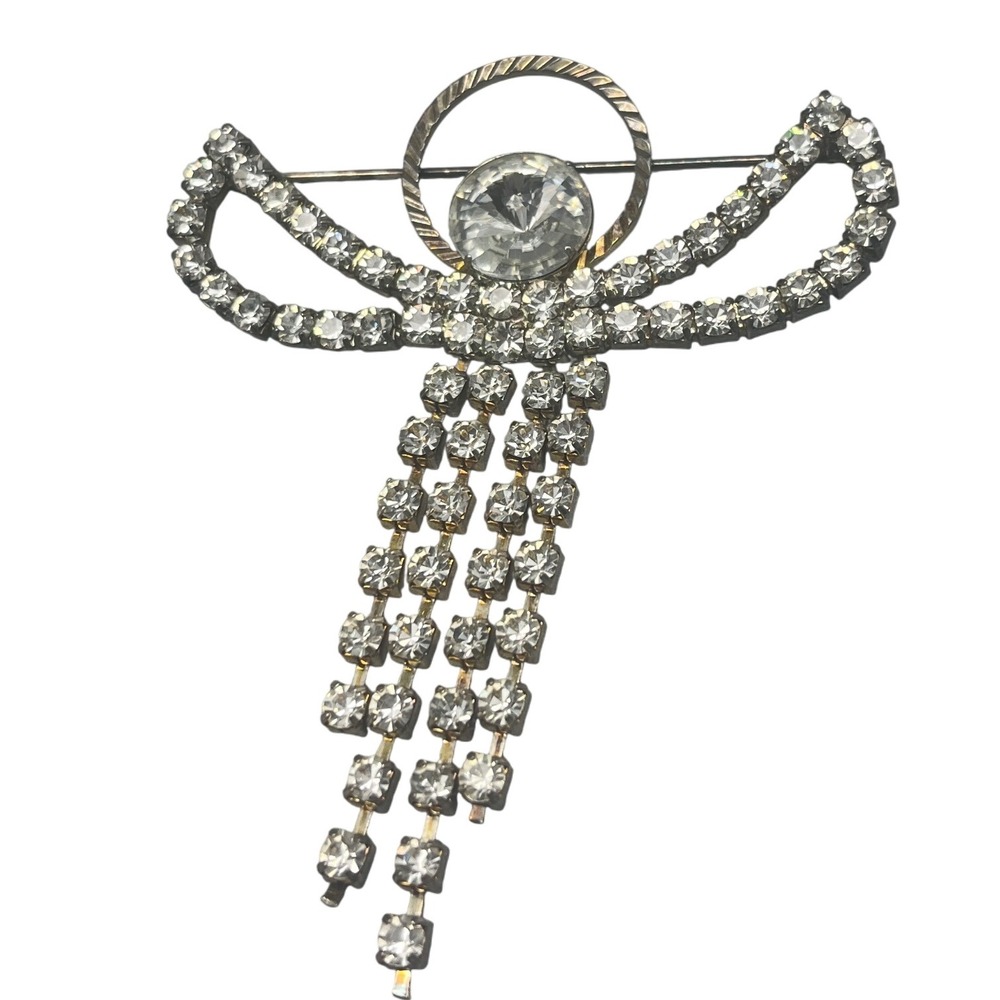 Rhinestone Angel Brooch Dangle Silver Tone Vintage Religious Holiday Pin